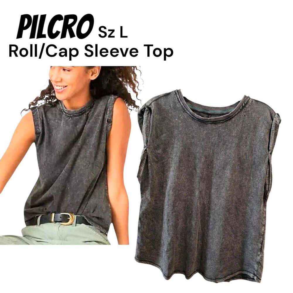 Pilcro Anthropologie Sz L Dark Gray Rolled Cap Sleeve Boho Grunge Rock Shirt